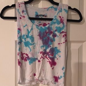 Medium Katie J cropped ribbed neon pink/blue splatter tank top